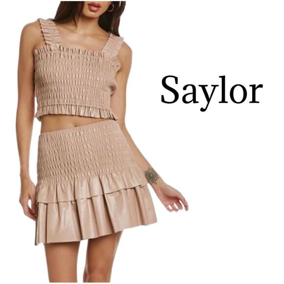 NEW SAYLOR Camel colored faux leather 2pc skirt set Size M NWT - Picture 2 of 15